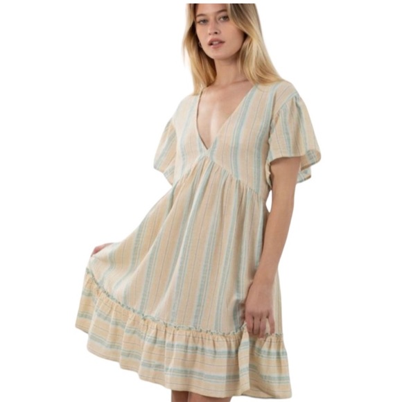 Love Stitch Dresses & Skirts - 007.NWT Natural/Lilac/Green Stripe Babydoll V-Neck Dress